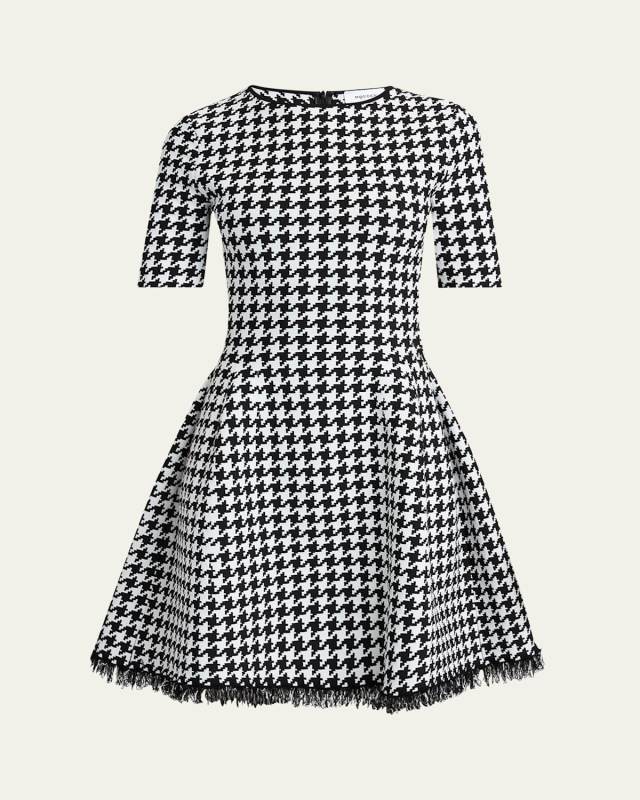 Houndstooth Fit-Flare Fringe Knit Mini Dress